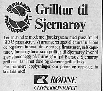 Historisk annonse for grilltur til Sjernarøy